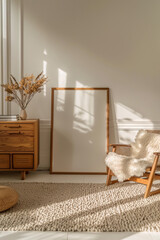 Poster frame mockup on a carpeted floor, living room with wooden armchair, 3d render