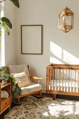 Poster frame mockup in kid’s room with wooden cot and an armchair