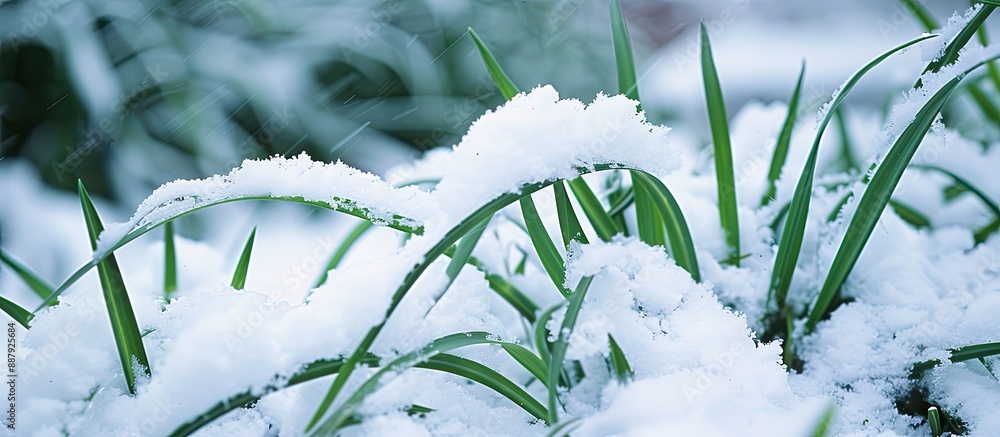 Poster snow covered verdant grass in the garden with space for text in the picture. copy space image. place