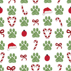 Doodle green paw prints. Santa hat, bow, candy and lights © Gulsen Gunel