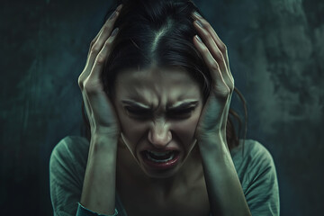 An angry and depressed woman holding her head with her hands, screaming in distress.