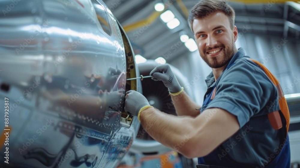 Poster A man is smiling while working on an airplane