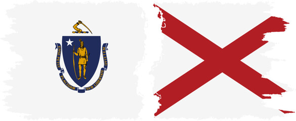 Alabama and Massachusetts states grunge brush flags connection, vector