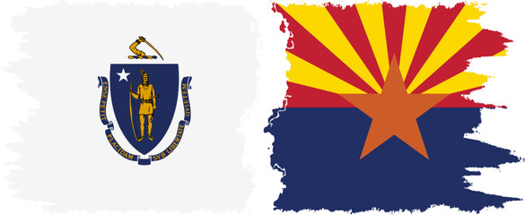 Arizona and Massachusetts states grunge brush flags connection, vector