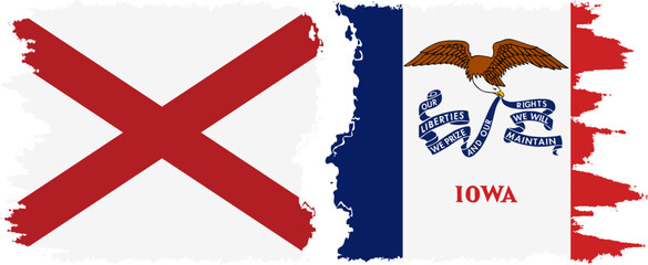 Iowa and Massachusetts states grunge brush flags connection, vector