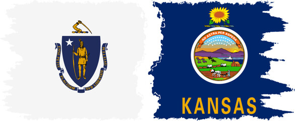 Kansas and Massachusetts states grunge brush flags connection, vector