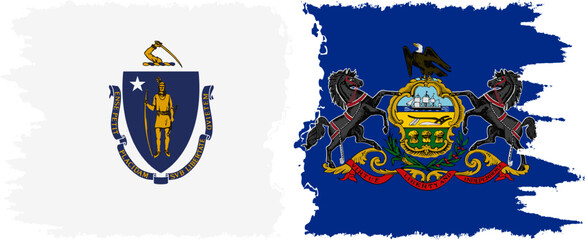 Pennsylvania and Massachusetts states grunge brush flags connection, vector