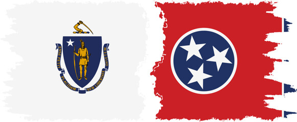 Tennessee and Massachusetts states grunge brush flags connection, vector