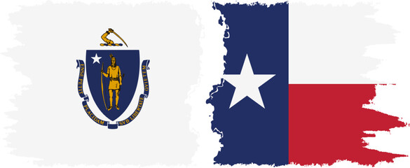 Texas and Massachusetts states grunge brush flags connection, vector