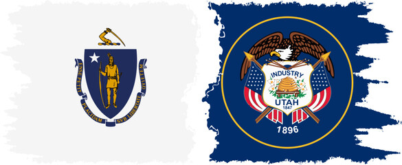 Utah and Massachusetts states grunge brush flags connection, vector