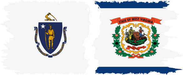 West Virginia and Massachusetts states grunge brush flags connection, vector