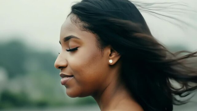 Close-up profile of young Black woman with wind-swept hair in nature