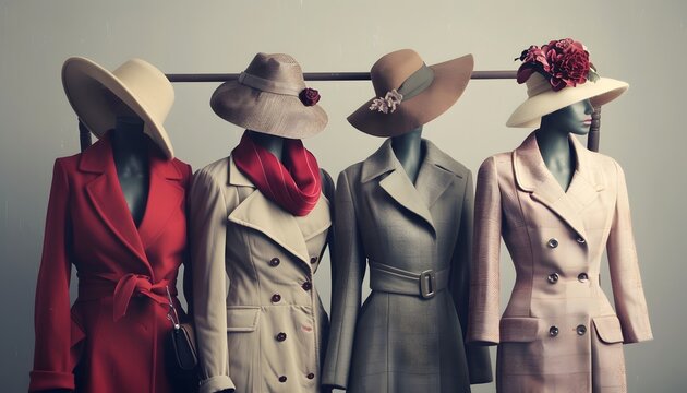 Fashionable Coats and Hats Displayed on Mannequins - Powered by Adobe
