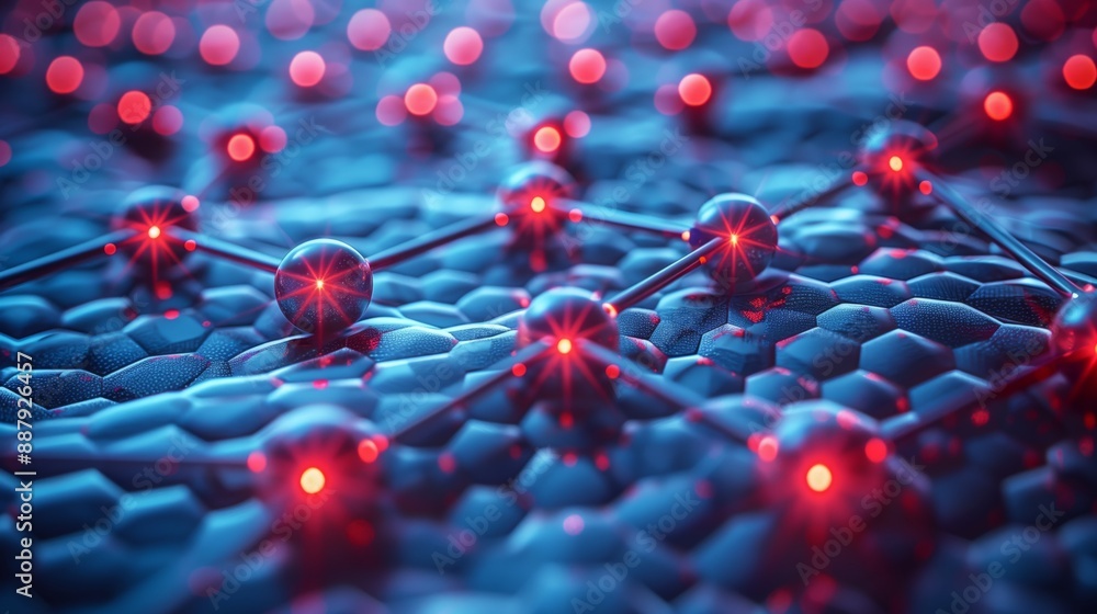 Poster a close-up of a 3d rendering illustrating a nanotechnology network with interconnected spheres.