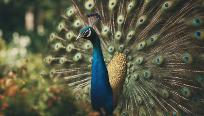 Obraz premium A peacock displaying its feathers in a garden, sunny day.