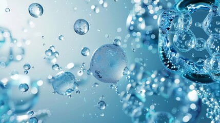 A mesmerizing abstract image of silver water molecules, forming intricate bubbles against a blue background.