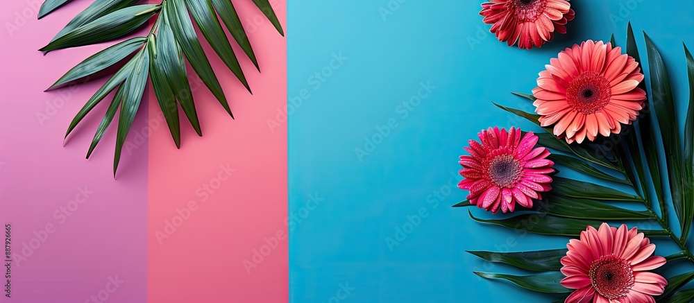 Sticker Fresh Gerbera spring flowers composed on a colorful background with a tropical plant creating a stunning flat lay view with copy space for an image