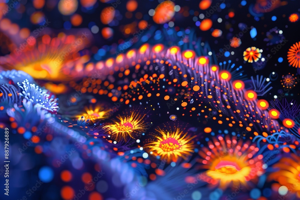 Poster vibrant neon landscape with glowing elements, capturing a dynamic and surreal visual effect.