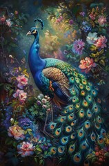 Fototapeta premium colorful peacock with all kinds of flowers