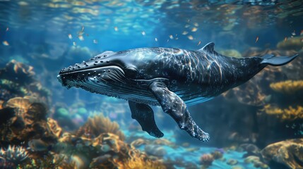 Fototapeta premium Big whale in the ocean. Selective focus.