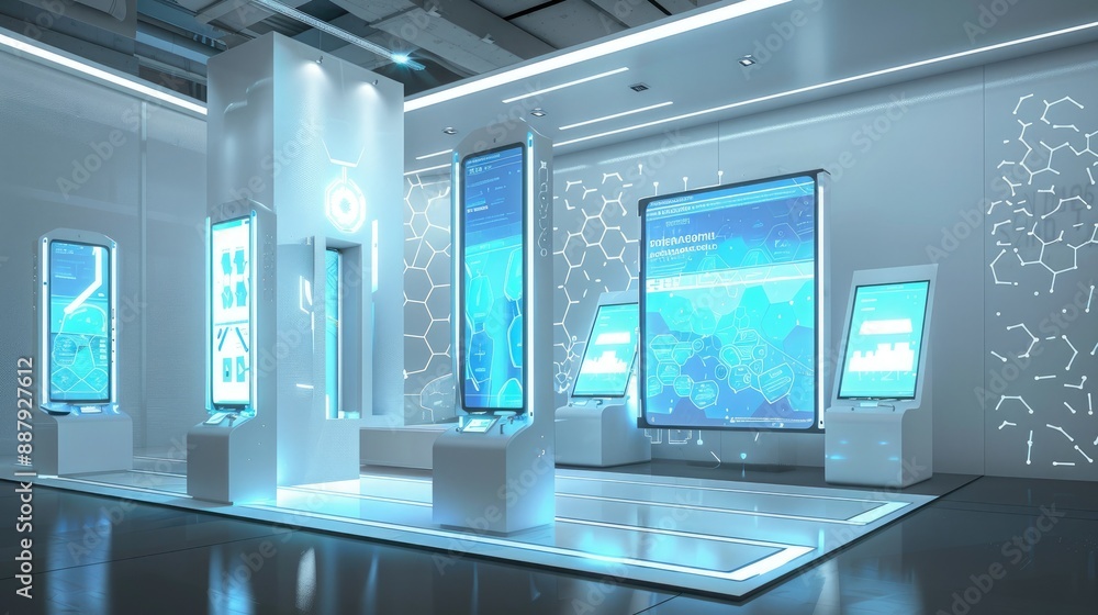 Poster A 3D render of a blank booth system with interactive elements, such as touch screens or digital displays. 