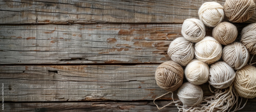 Poster balls of wool displayed on a rustic wooden table with ample copy space image