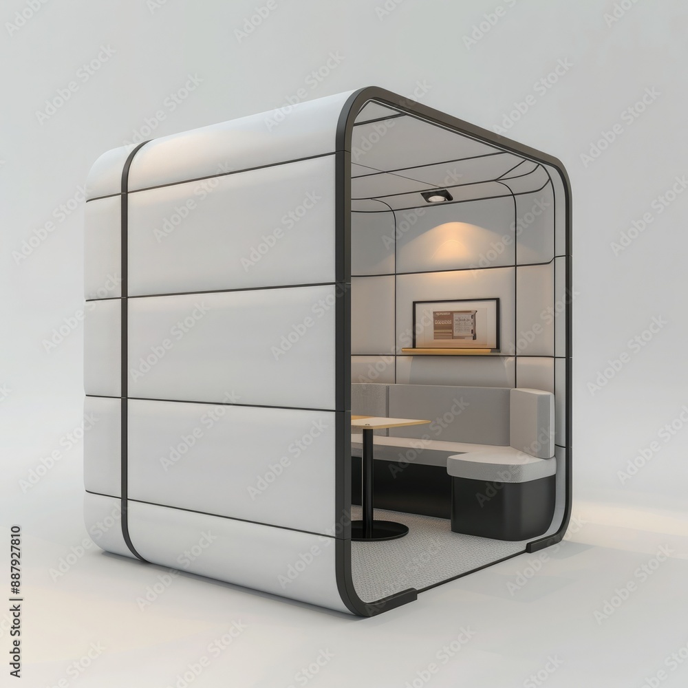 Poster A 3D render of a blank booth system featuring a unique, modular design that can be customized and rearranged. 