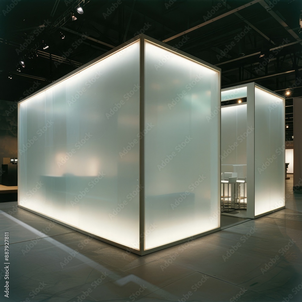 Poster a blank booth system in a minimalist style, with a clean, uncluttered design and soft, ambient light
