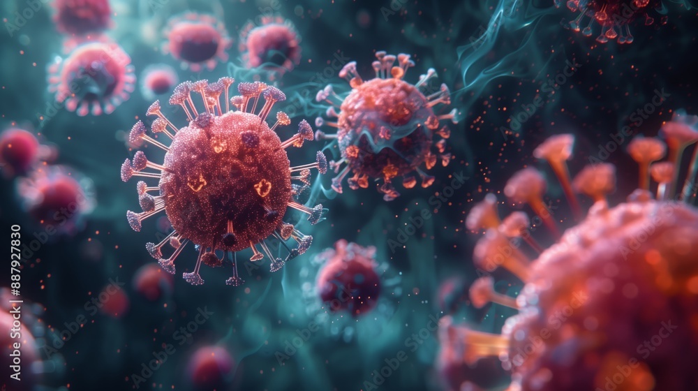 Poster a microscopic image showing a close-up of a virus particle.