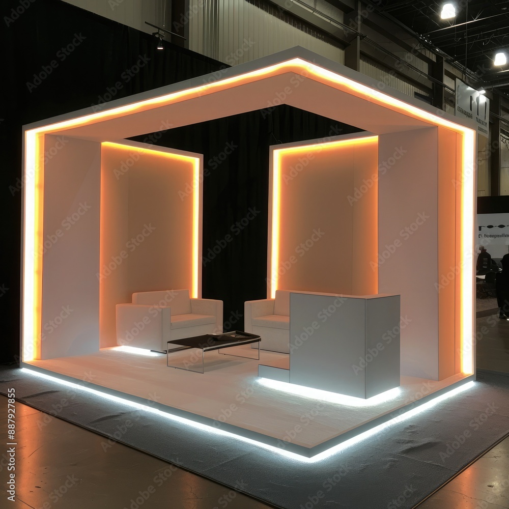Poster a blank booth system in a minimalist style, with a clean, uncluttered design and soft, ambient light