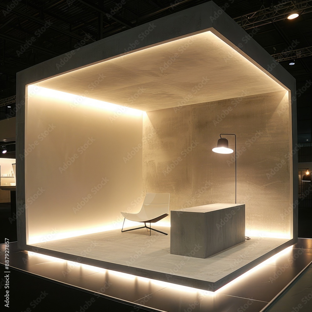 Poster a blank booth system in a minimalist style, with a clean, uncluttered design and soft, ambient light