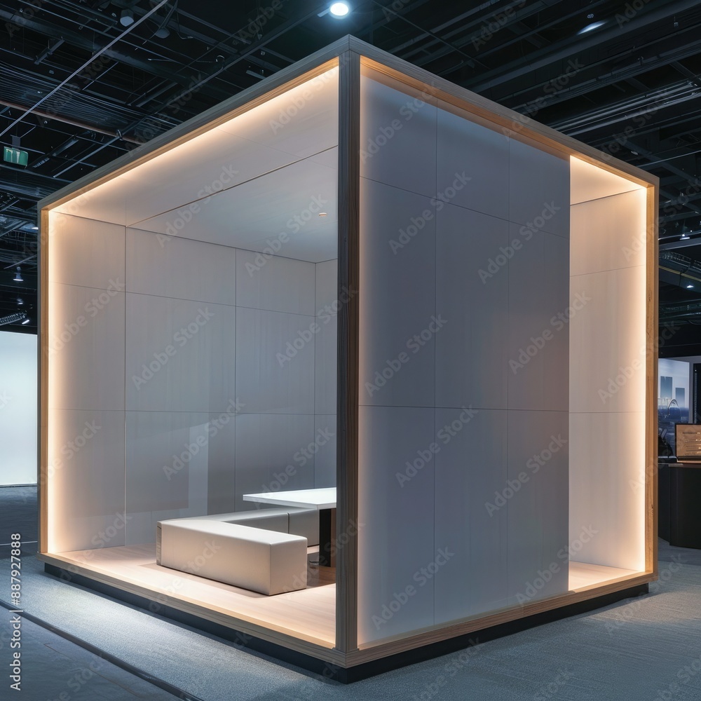 Poster a blank booth system in a minimalist style, with a clean, uncluttered design and soft, ambient light