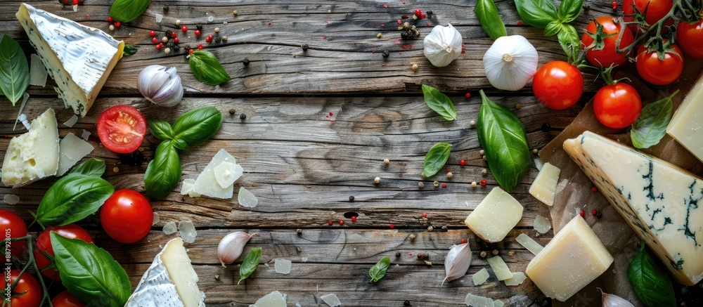 Poster top view copy space image of a wooden table adorned with garlic tomato basil and assorted cheeses li