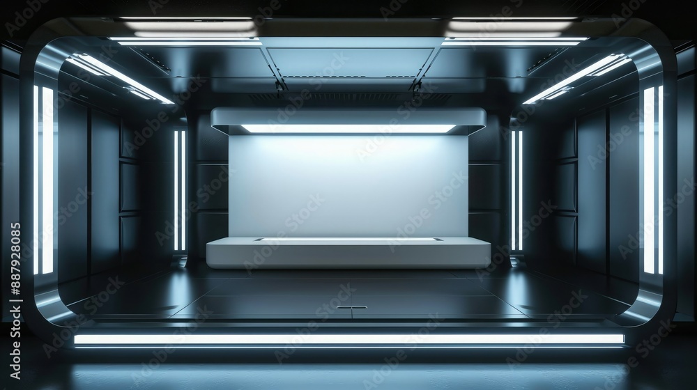 Aufkleber A 3D render of a blank booth system with a futuristic, high-tech design, featuring LED lights and sleek surfaces. 