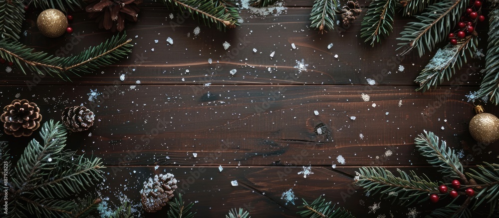 Poster dark wooden background with branches bumps and a christmas frame creating a charming composition wit