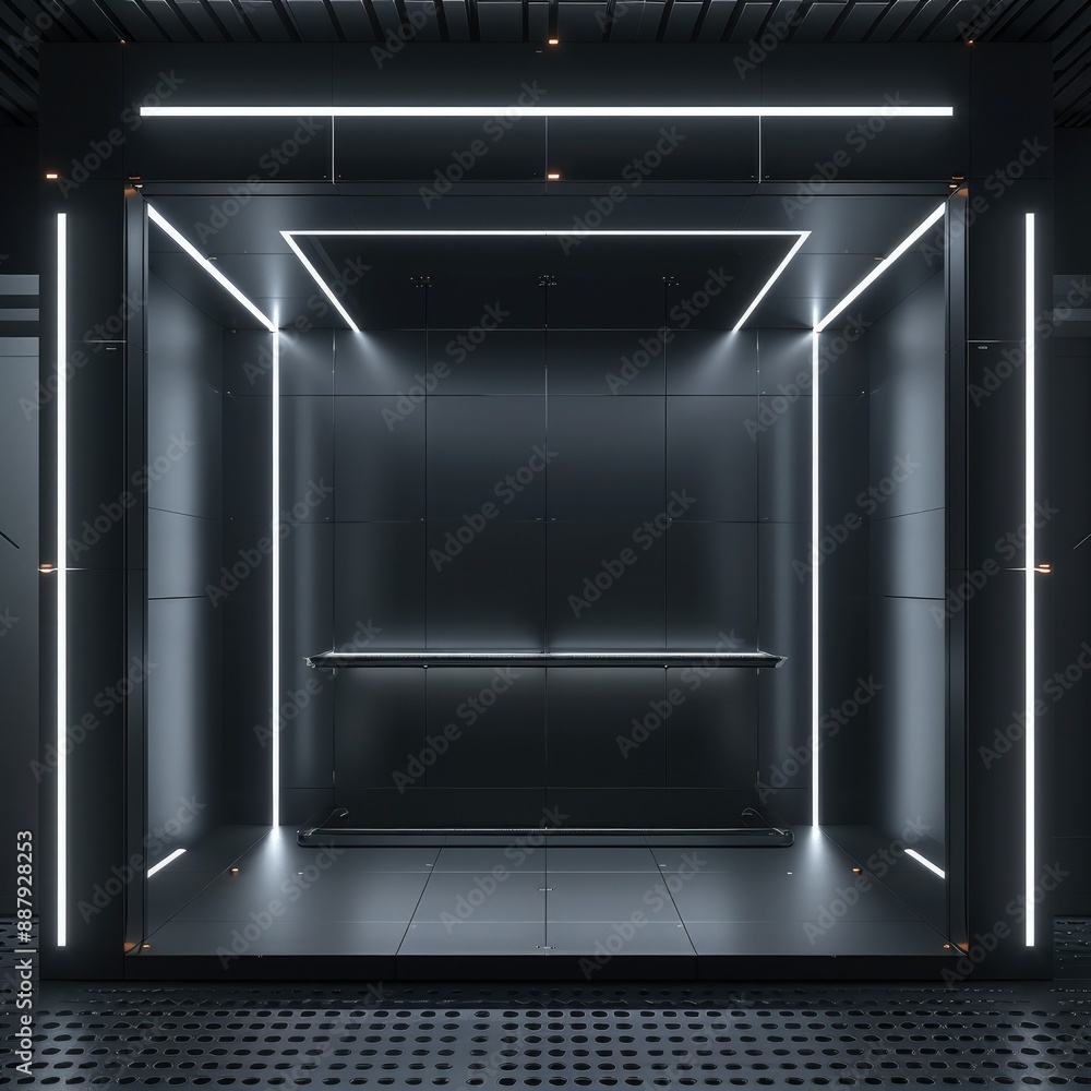 Aufkleber A 3D render of a blank booth system with a futuristic, high-tech design, featuring LED lights and sleek surfaces.