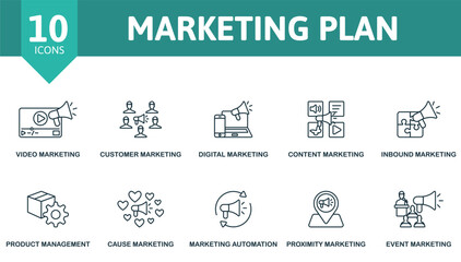Marketing Plan thin line icon set. Video Marketing, Customer Marketing, Digital Marketing, Content Marketing, Inbound Marketing, Product Management, Cause Marketing, Marketing Automation, Proximity