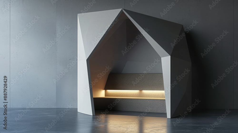 Poster A blank booth system in a geometric shape, with sharp angles and a neutral color palette for a contemporary aesthetic. 
