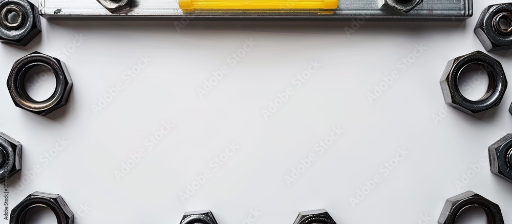 Poster iron nuts forming a frame with a building level on a white background creating a thematic copy space