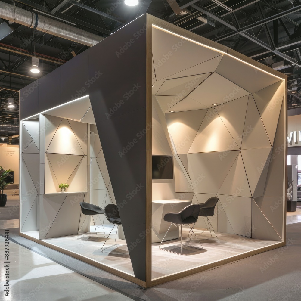 Aufkleber A blank booth system in a geometric shape, with sharp angles and a neutral color palette for a contemporary aesthetic.