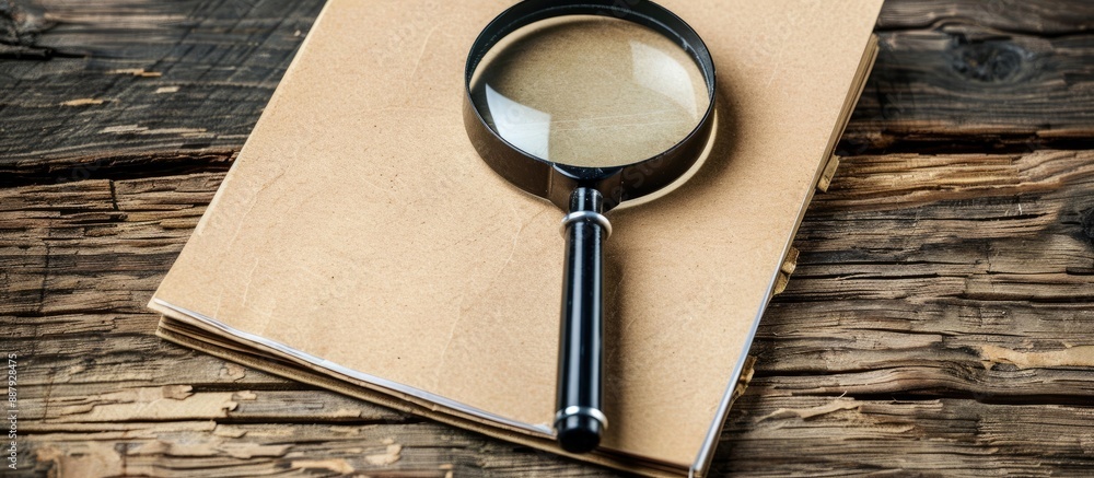 Aufkleber blank paper notebook and magnifying glass on a wooden backdrop perfect for your message in the copy 