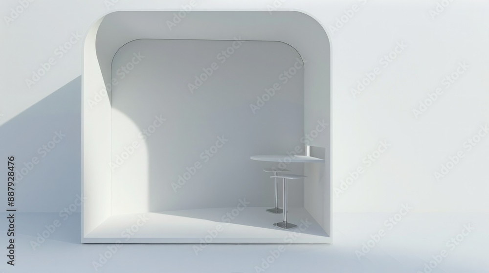Poster A 3D render of a blank booth system featuring a simple, open design with white walls and a smooth, curved canopy. 