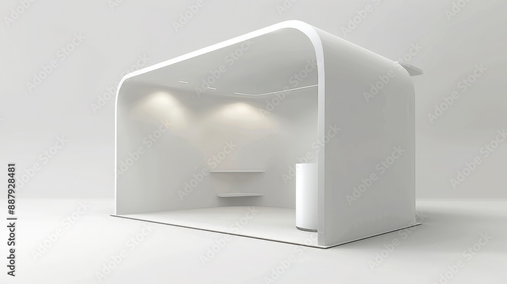 Poster A 3D render of a blank booth system featuring a simple, open design with white walls and a smooth, curved canopy.