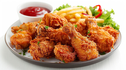 Delicious fried chicken served with fries and ketchup on a plate.