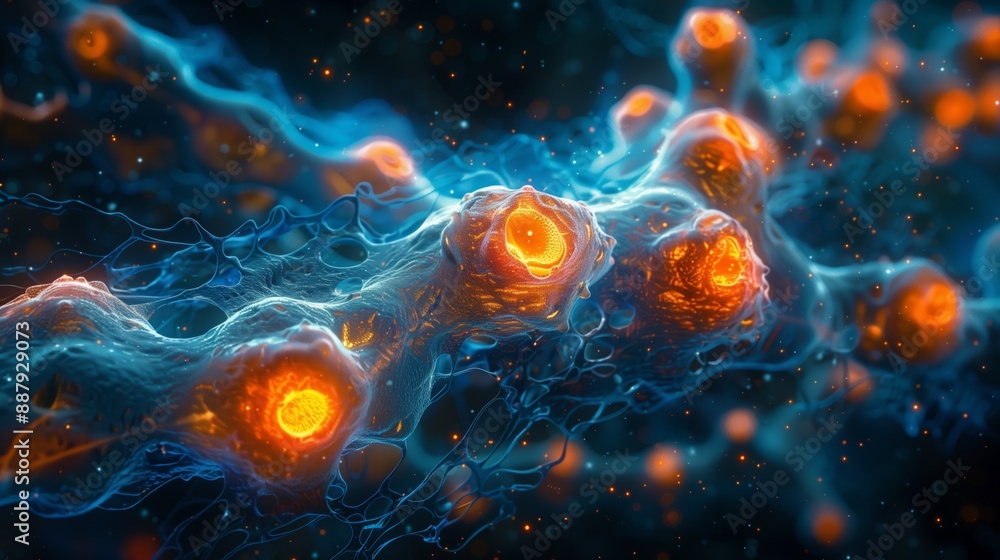 Poster a close-up image showcasing the intricate structures of cells, captured using advanced imaging techn
