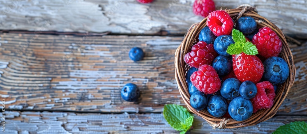Poster fresh organic berries and mint in a mini basket on a vintage table promoting healthy eating top view