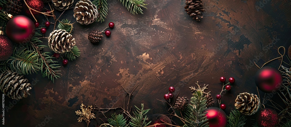 Canvas Prints Brown textured table adorned with Christmas decorations offering ample copy space image