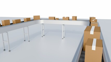 A 3D rendering of cardboard boxes traveling along a conveyor belt, showcasing efficient product packaging and transportation.