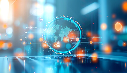 Futuristic digital world map surrounded by glowing technology icons and abstract lights, representing global connectivity and innovation.