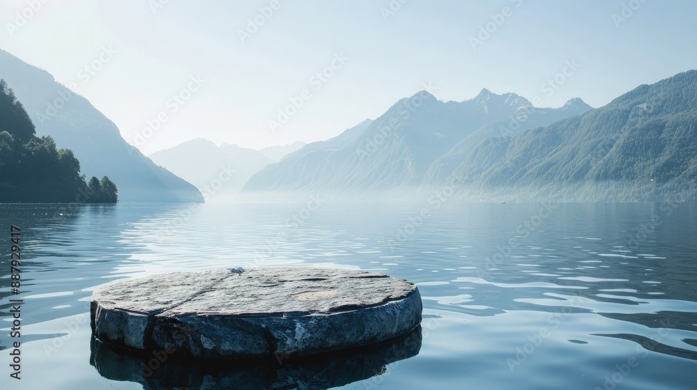 Poster A stone pedestal floating on the surface of a lake, showcasing cosmetics against a backdrop of mountains and a clear sky. 